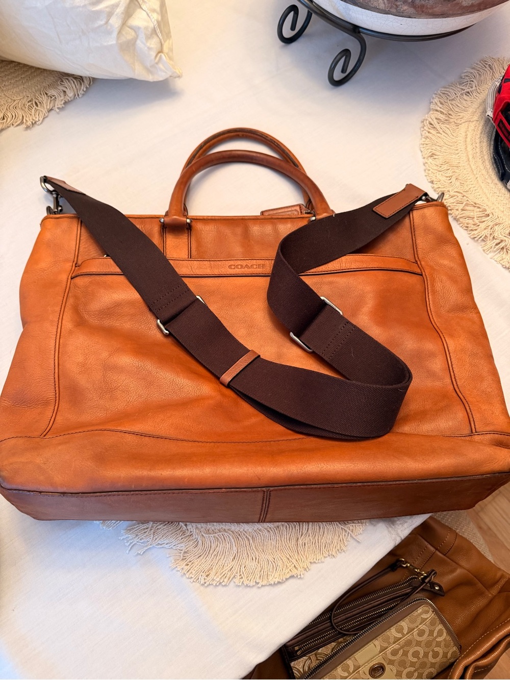 Coach Men's Leather Briefcase in Cognac Brown with Dark Brown Strap